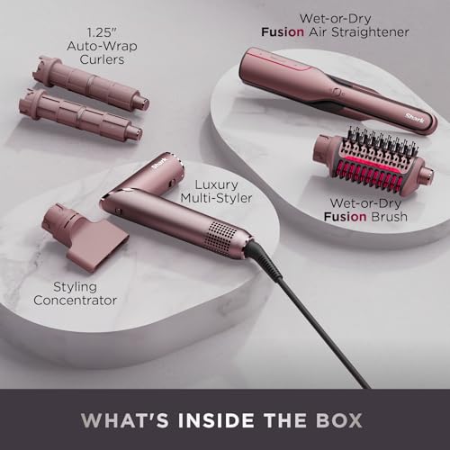 Shark FlexFusion Hair Straightener & Powerful Hair Dryer with Fusion Hair Brush, Ceramic Air Styler with Auto-Wrap Curlers & Concentrator, Ceramic Plates, Cosmic Blush HD641S