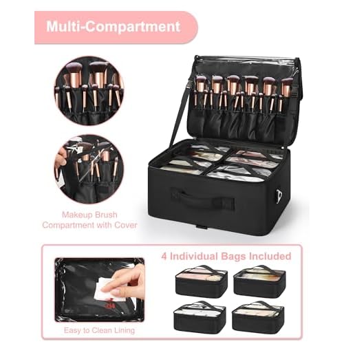 Relavel Extra Large Makeup Case Professional Cosmetic Storage Organizer Box Brush Holder with 4 Clear Set Bags & Lipstick Plate for Makeup Artists with Shoulder Strap & Adjustable Dividers