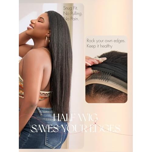 LUVME HAIR Half Wig Yaki Straight Flexi-Fit Invisi 3 in 1 Wigs Flip Drawstring Wig 200% Density Glueless Wigs 100% Human Hair Natural Black Ready to Go Headband Wig for Women 18 Inches