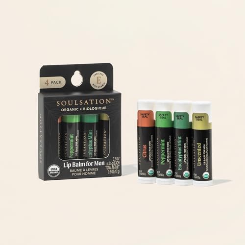 Organic Lip Balm Set for Men - 4 Flavors - 100% Natural Moisturizing for Cracked & Dry Lips