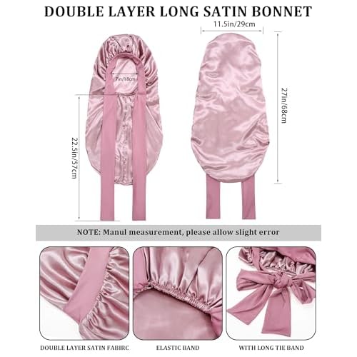 AWAYTR Long Hair Bonnet for Sleeping - Double Layer Long Elastic Tie Band Satin Bonnet for Women with Sleep Eye Mask (Rose Gold)