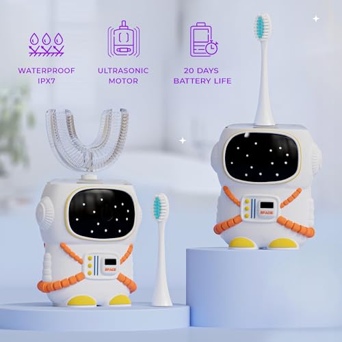 Sensory 360 Round U-Shaped Astronaut Design Mouthguard Electric Toothbrush for Kids Ages 2-7 - Automatic Memory Function - 5 Modes Toothbrush with Multiple Heads ? Kids Travel Essentials (White)