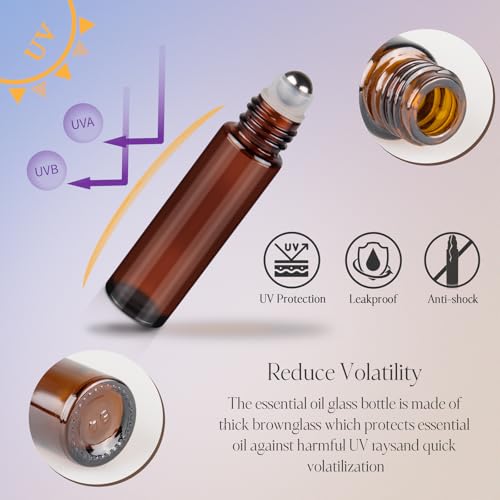 ZEJIA 10ml Roller Bottles for Essential Oils, 4 Pack Glass Roll on Bottles, Refillable Perfume Bottle, with Stainless Steel Roller Balls, 2 Droppers, 1 Opener, Labels (Amber)