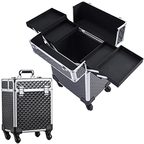 Rolling Makeup Train Case Large Cosmetic Trolley Organized Aluminum Barber Case for Hairstylist Makeup Nail Tech Salon with Keys Swivel Wheels Traveling Cart Trunk - Black