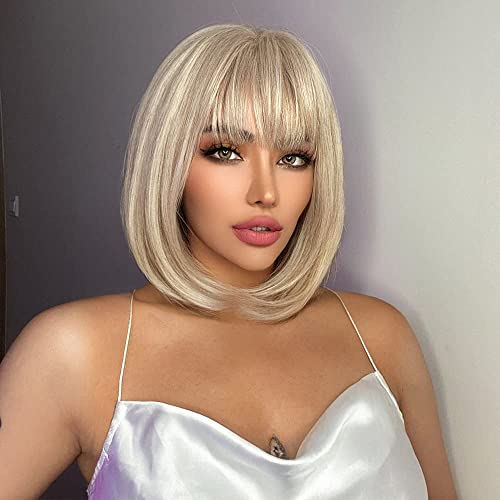 Platinum Blonde Bob Synthetic Wig for Women, Short Straight Hair with Bangs, Heat Resistant for Daily Party Use (Platinum Blonde, 12 inch)