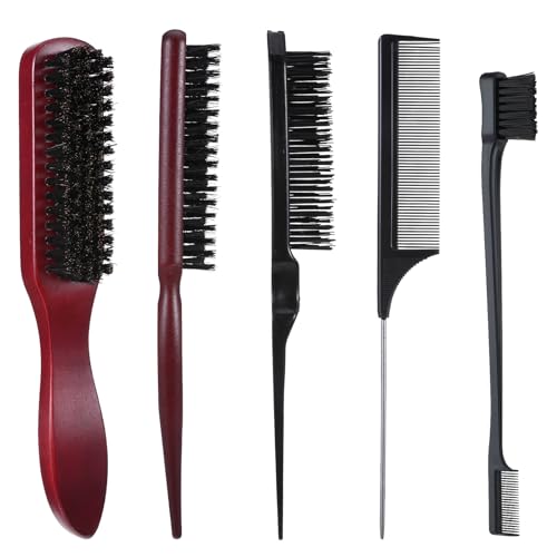 cobee 5 Pcs Slick Back Hair Brush Set, Bristle Hair Brush Edge Control Brush Teasing Comb, Wax Stick for Hair & Wig Flyaways, For Smooth Hair Parting Smooth Flyaways