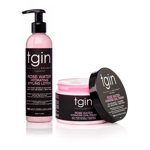 tgin Rose Water Hydrating Curl Cream 12 oz & tgin Rose Water Hydrating Styling Lotion 8 oz, for Curly, Coily and Wavy Hair, (Set)