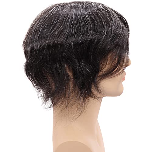 0.08mm Ultra Thin Skin Toupee for Men 100% European Virgin Real Human Hair Replacement Wigs 8x10 inch Hairpiece Natural Straight Free Style 90% 1B Black Mixed 10% Grey Hair