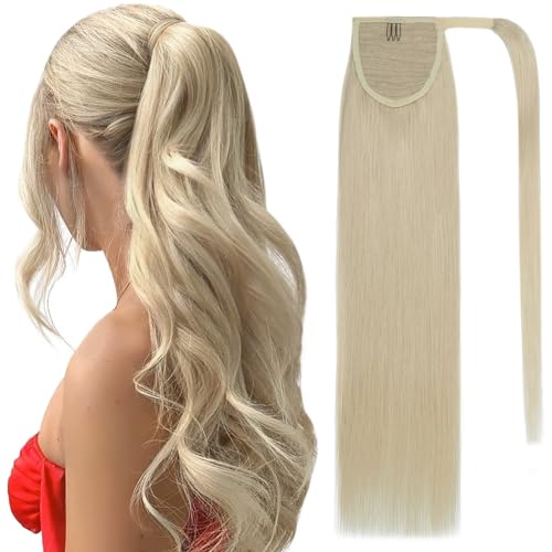 Ponytail Extensions Human Hair Long Straight Ponytail Hair Extensions with Magic Paste Wrap Around Clip in Ponytail Extensions Real Human Hair,22inch #60 Platinum Blonde,95g