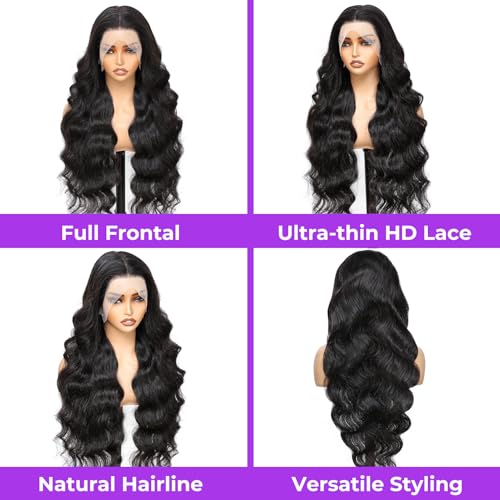 Body Wave Lace Front Wigs Human Hair 13x4 HD Lace Frontal Body Wave Human Hair Wig for Women 180% Density Brazilian Virgin Hair Pre Plucked Glueless Body Wave Wig Natural Black 32inch