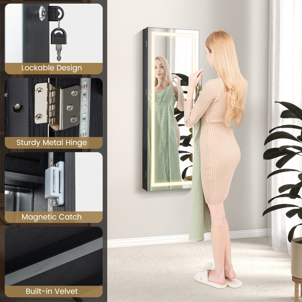 42.5" Lockable Jewelry Mirror Cabinet with LED Lights - Black