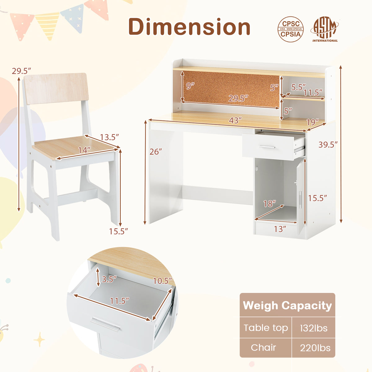 Activity Kids Table and Chair Set - Natural Kids Study Desk & Chair with Shelves & Bulletin Board