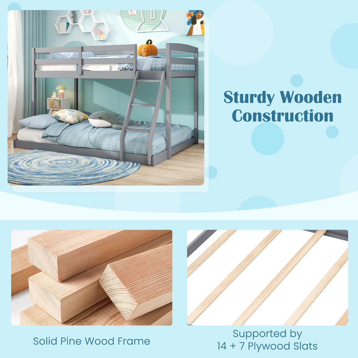 Twin Over Full Bunk Bed Low Floor Pine Wood - Gray