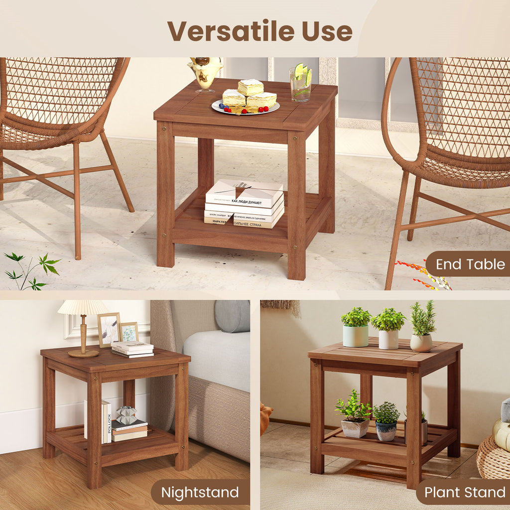 18" Solid Wood Outdoor Side Table with Storage Shelf