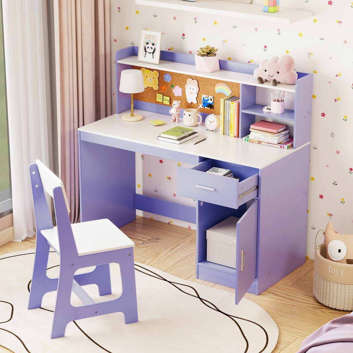 Kids Activity Study Desk and Chair Set, Purple - Childrens Learning Table with Shelves & Cork Board