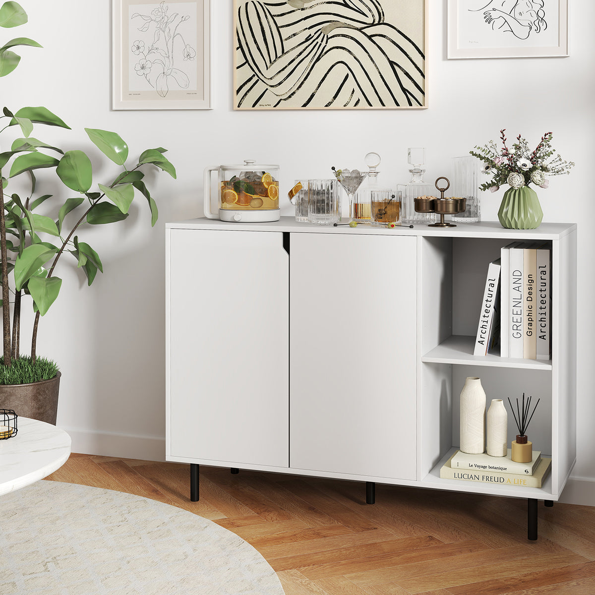 42 Inch Sideboard Buffet Cabinet - 2-Door with Open Shelf, White