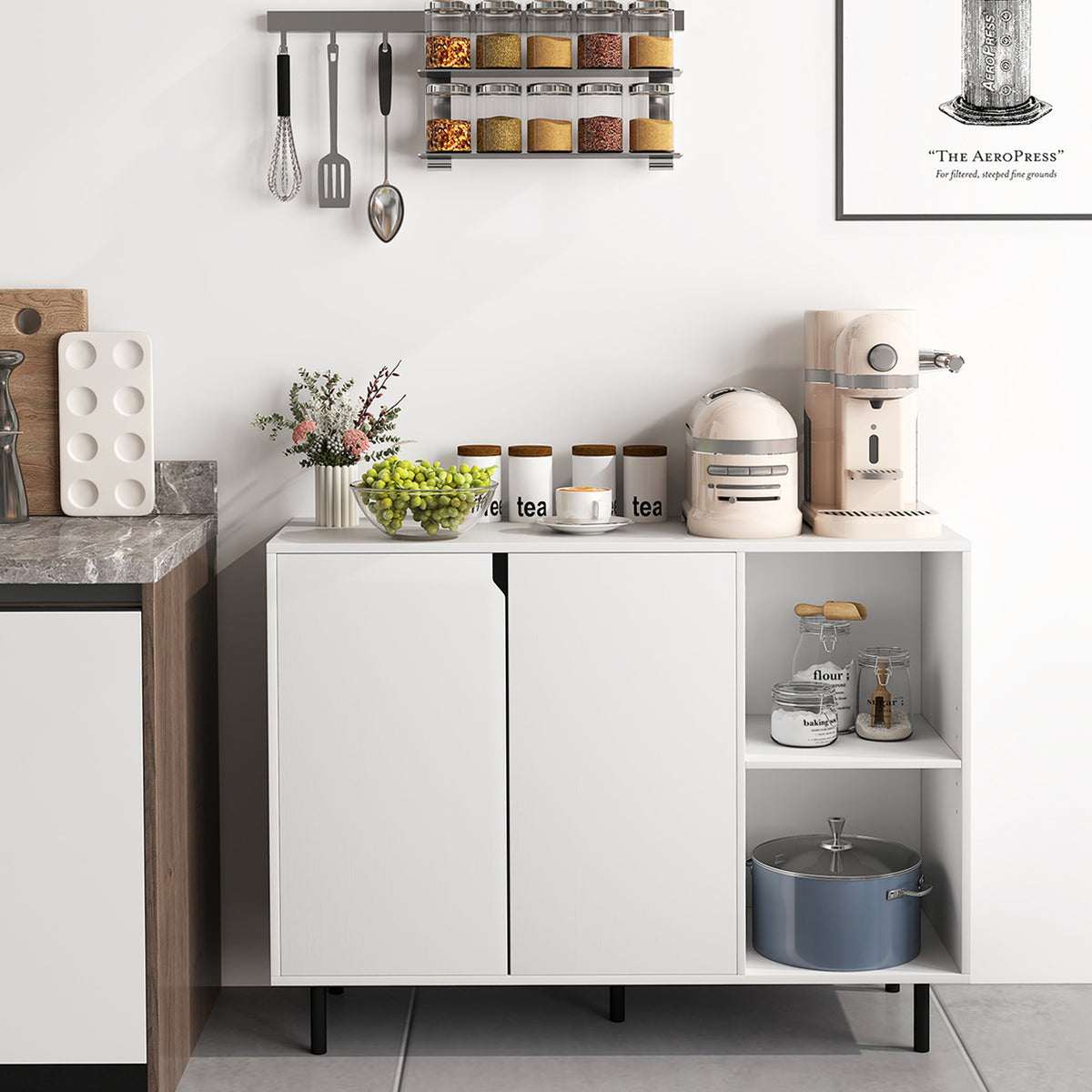 42 Inch Sideboard Buffet Cabinet - 2-Door with Open Shelf, White