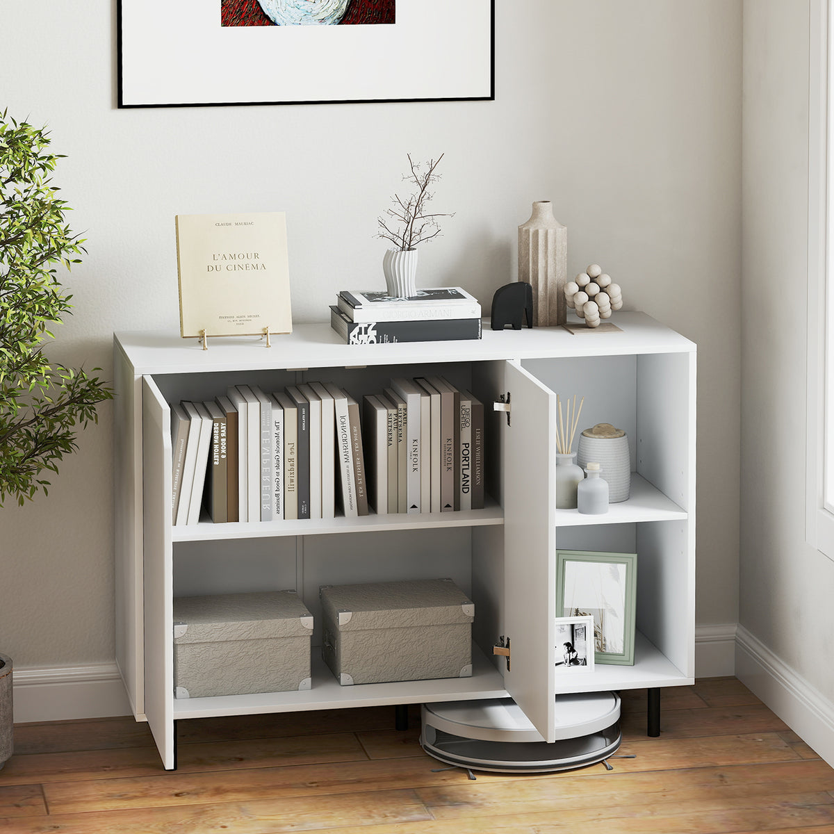 42 Inch Sideboard Buffet Cabinet - 2-Door with Open Shelf, White