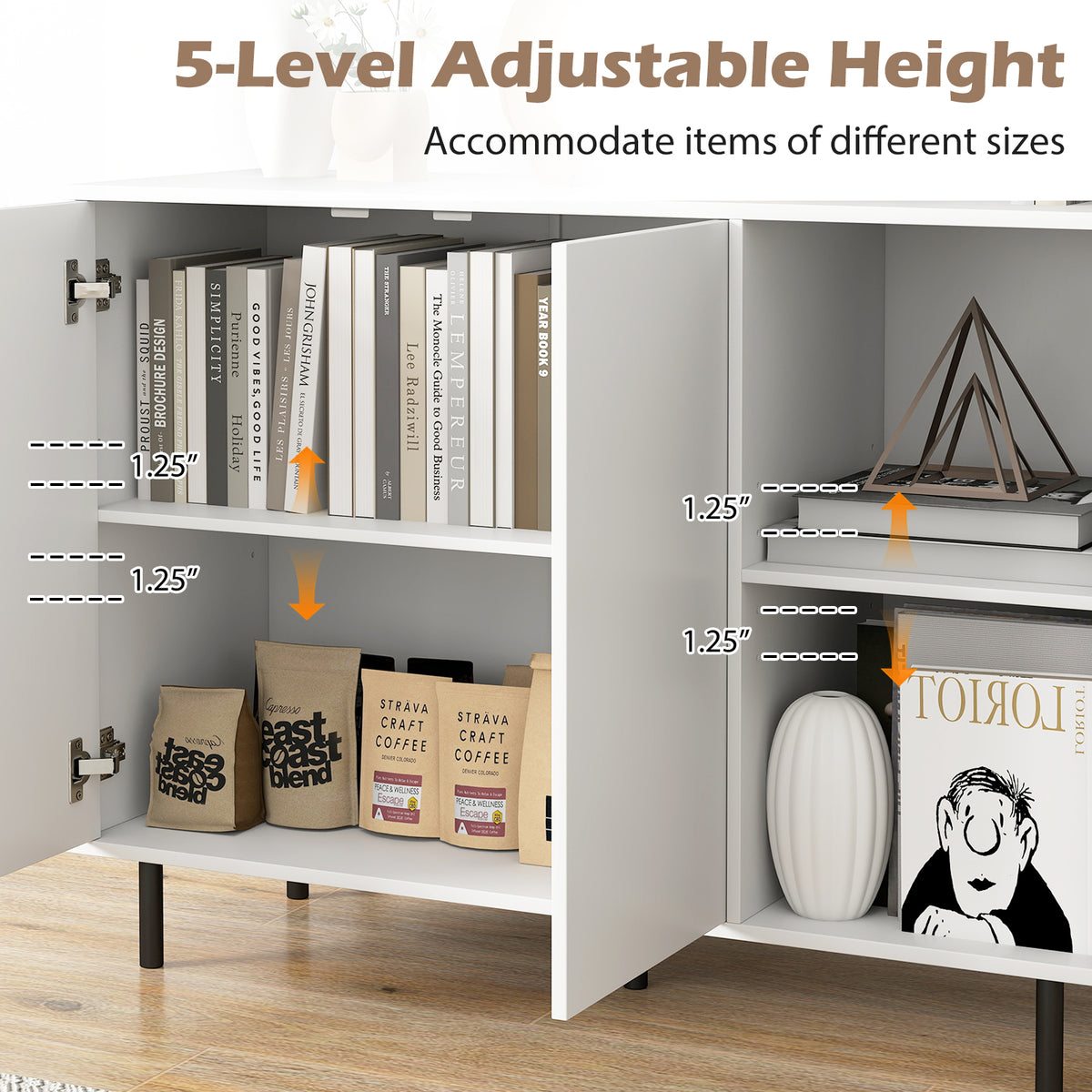 42 Inch Sideboard Buffet Cabinet - 2-Door with Open Shelf, White