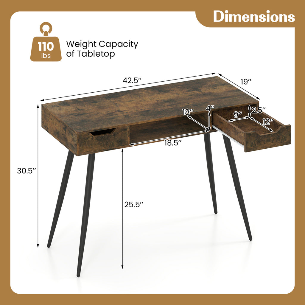 42.5" Mid Century Modern Writing Desk with Drawers - Rustic Brown