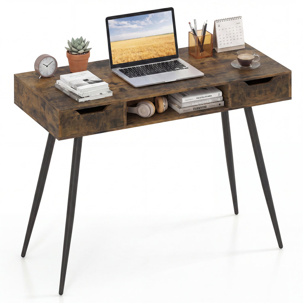 42.5" Mid Century Modern Writing Desk with Drawers - Rustic Brown