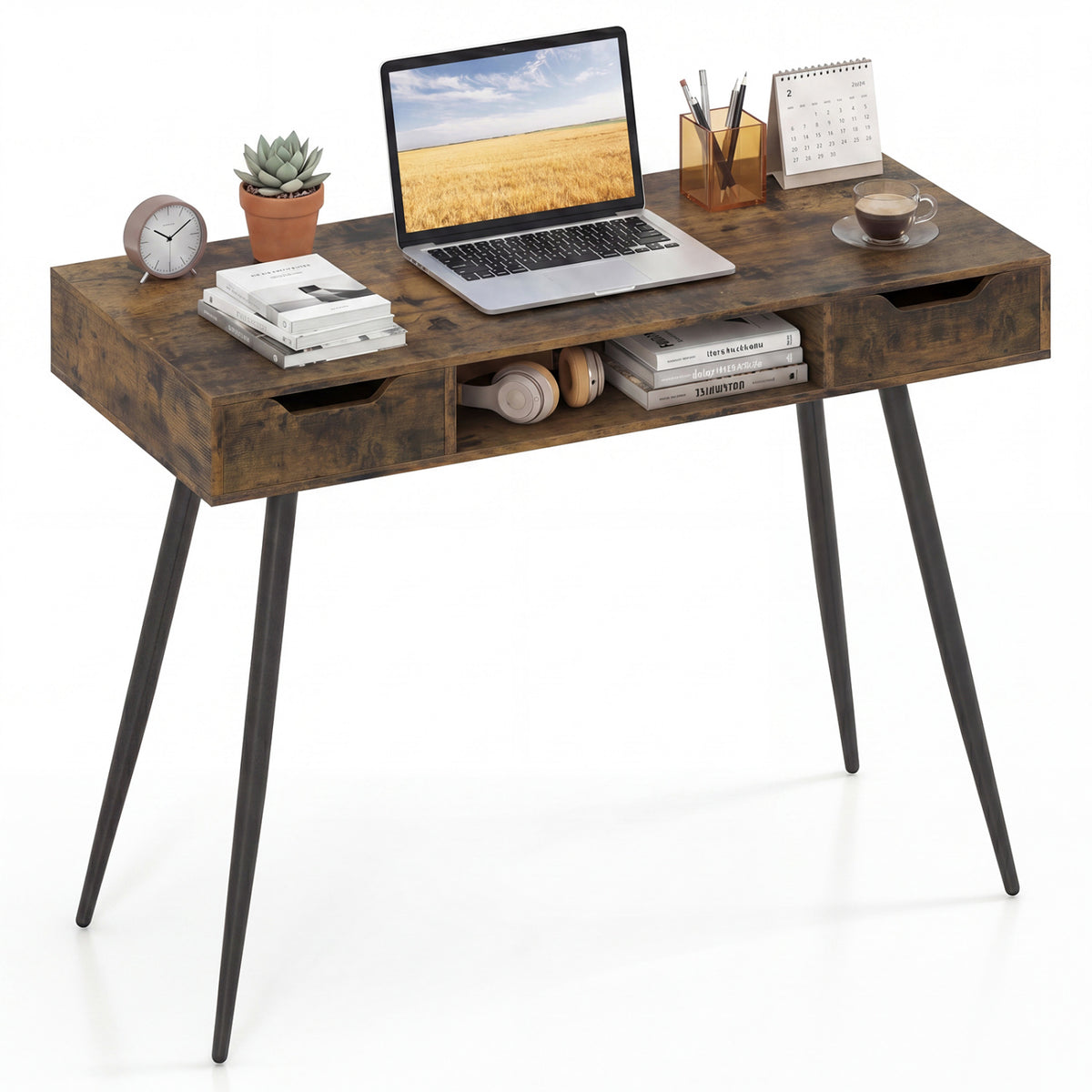 42.5" Mid Century Modern Writing Desk with Drawers - Rustic Brown