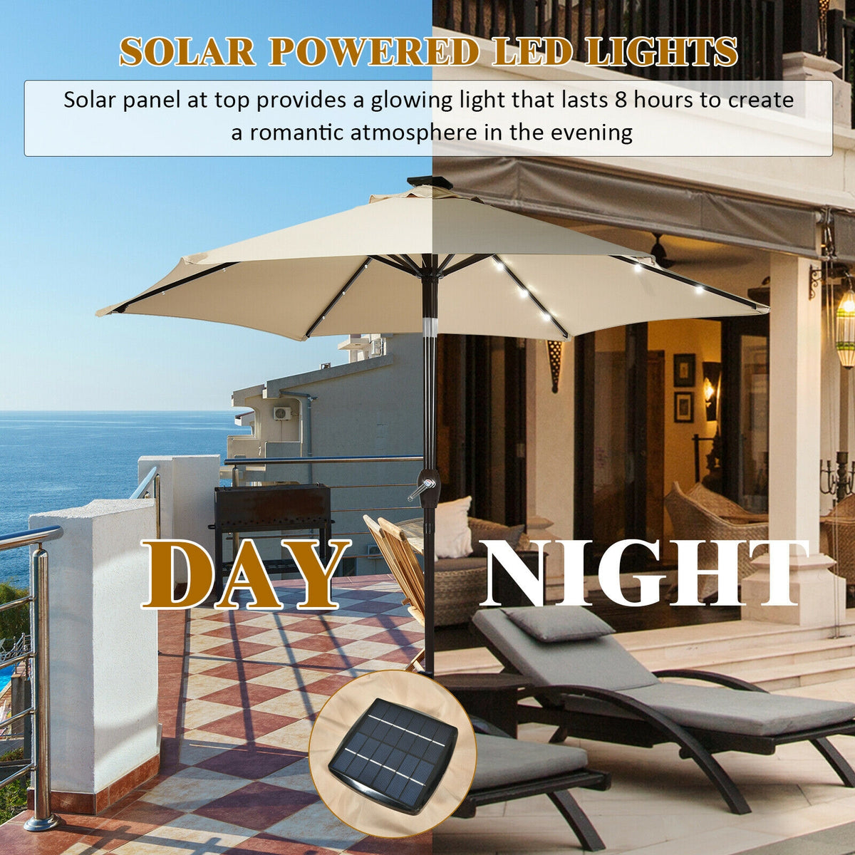 9 x 8 Feet Solar LED Market Umbrella with Tilt & Crank - 18 Lights, Beige