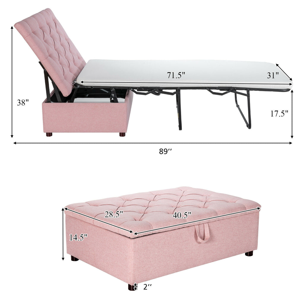 Folding Ottoman Sleeper Bed with Mattress, Pink
