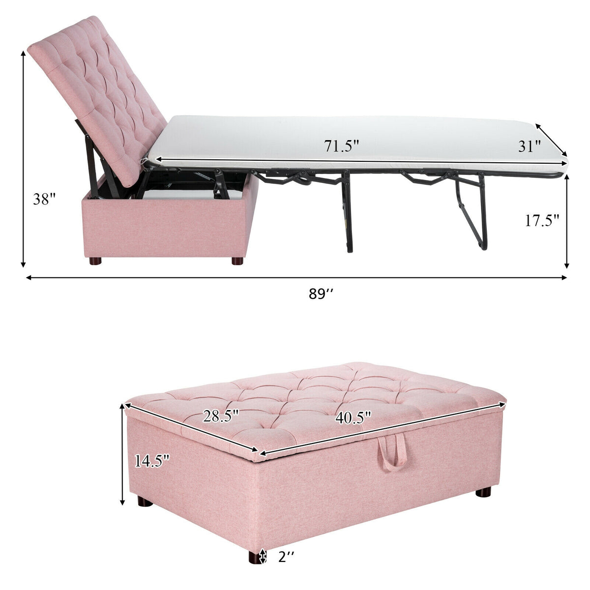 Folding Ottoman Sleeper Bed with Mattress, Pink