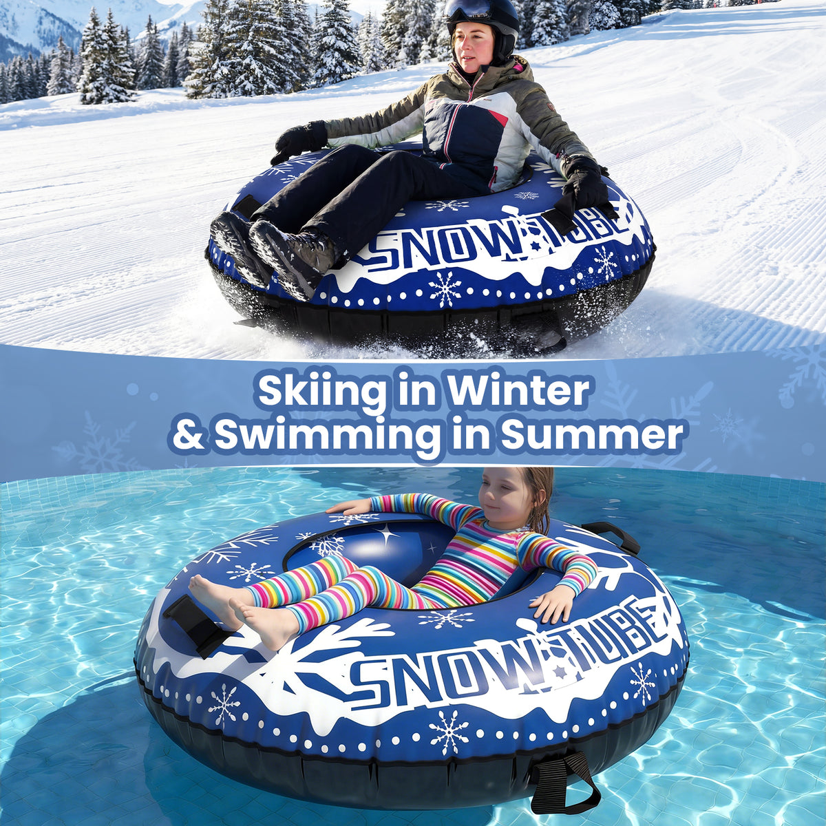 42-Inch Heavy-Duty Inflatable Snow Tube with Detachable Tow Strap - Blue