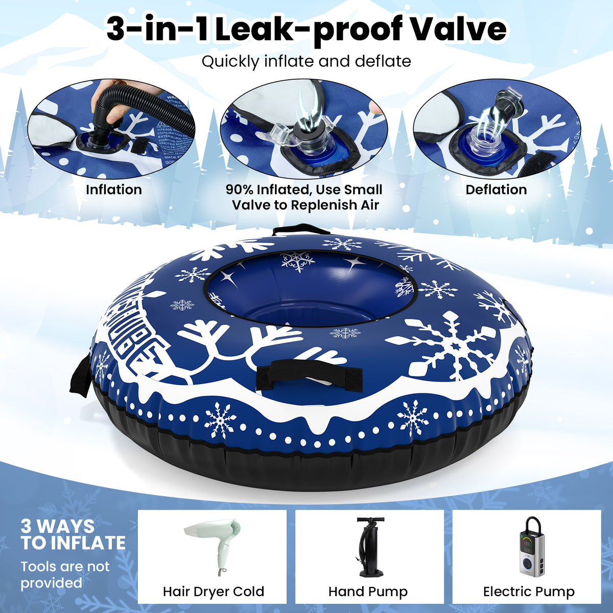42-Inch Heavy-Duty Inflatable Snow Tube with Detachable Tow Strap - Blue