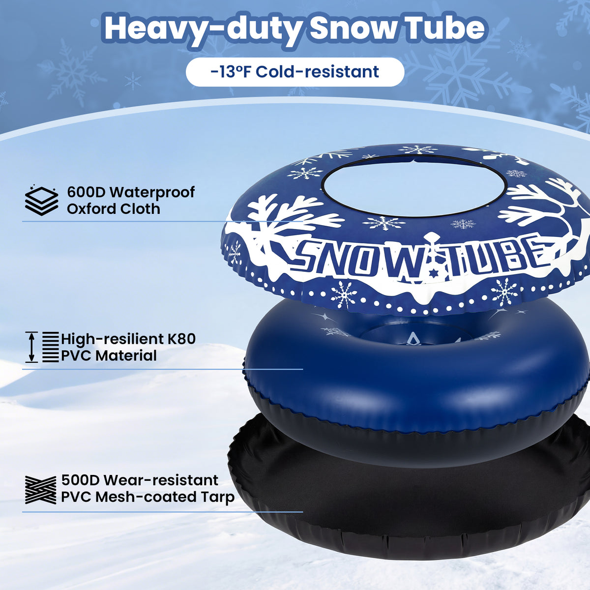 42-Inch Heavy-Duty Inflatable Snow Tube with Detachable Tow Strap - Blue