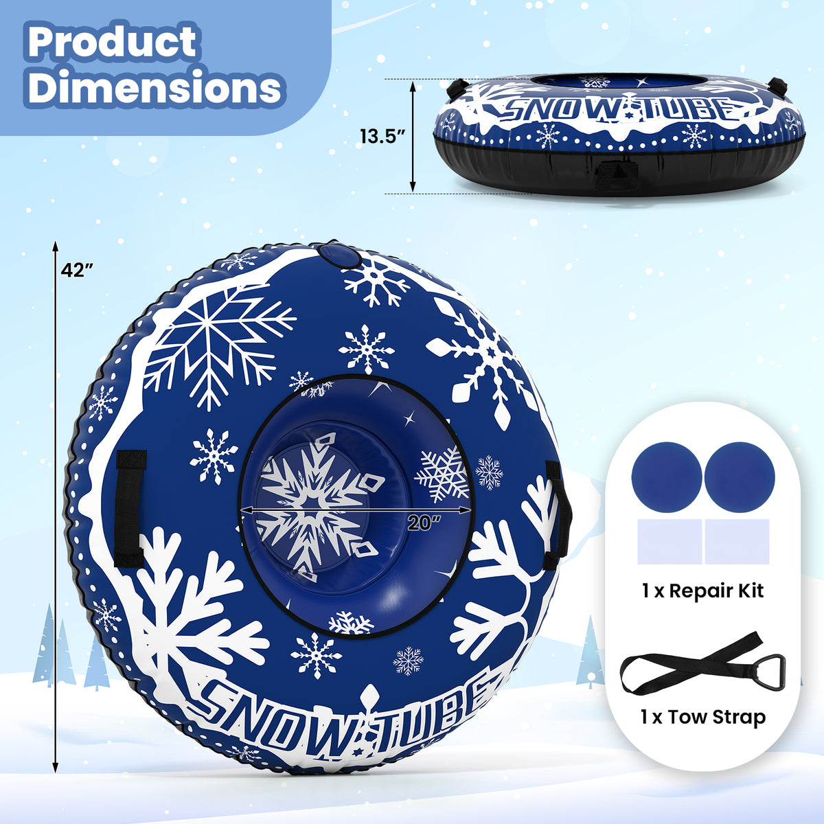 42-Inch Heavy-Duty Inflatable Snow Tube with Detachable Tow Strap - Blue