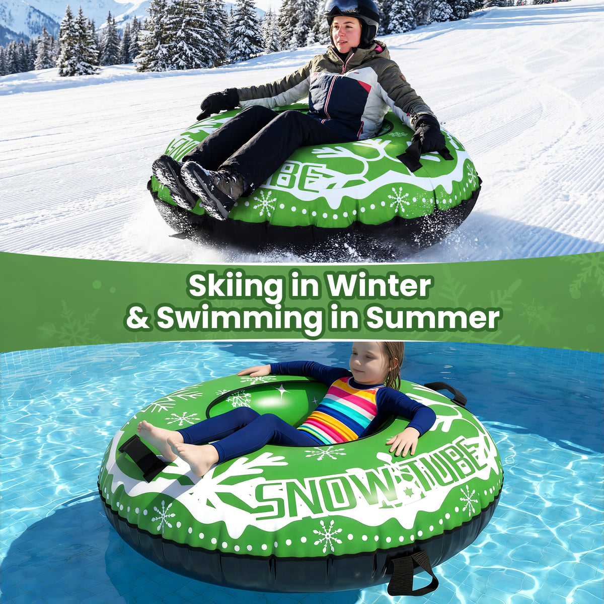 42-Inch Heavy-Duty Inflatable Snow Tube with Detachable Tow Strap - Green