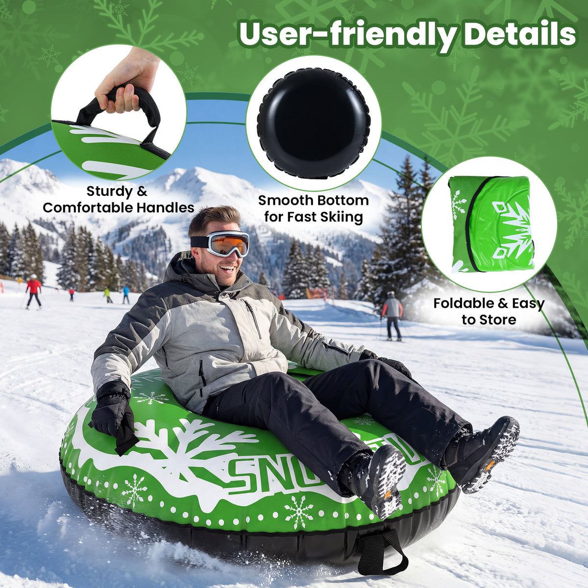 42-Inch Heavy-Duty Inflatable Snow Tube with Detachable Tow Strap - Green