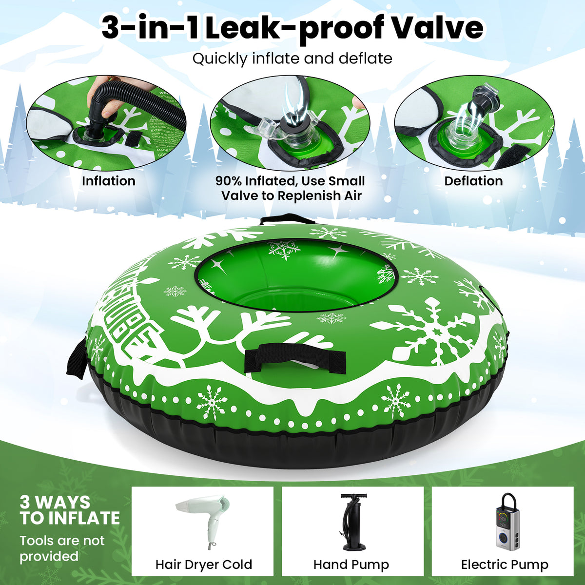 42-Inch Heavy-Duty Inflatable Snow Tube with Detachable Tow Strap - Green