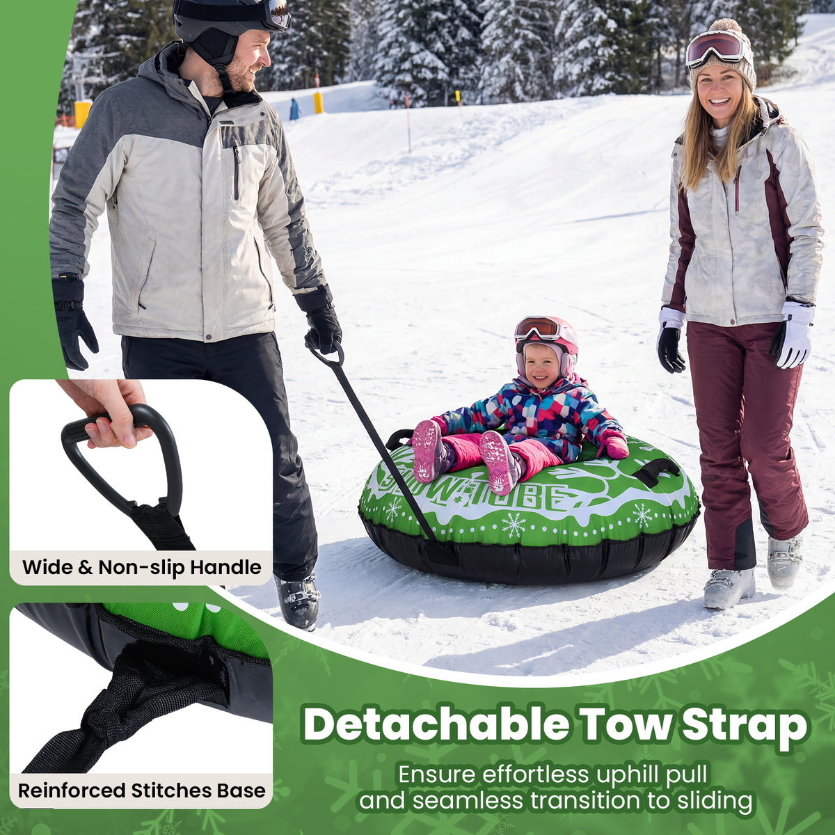 42-Inch Heavy-Duty Inflatable Snow Tube with Detachable Tow Strap - Green