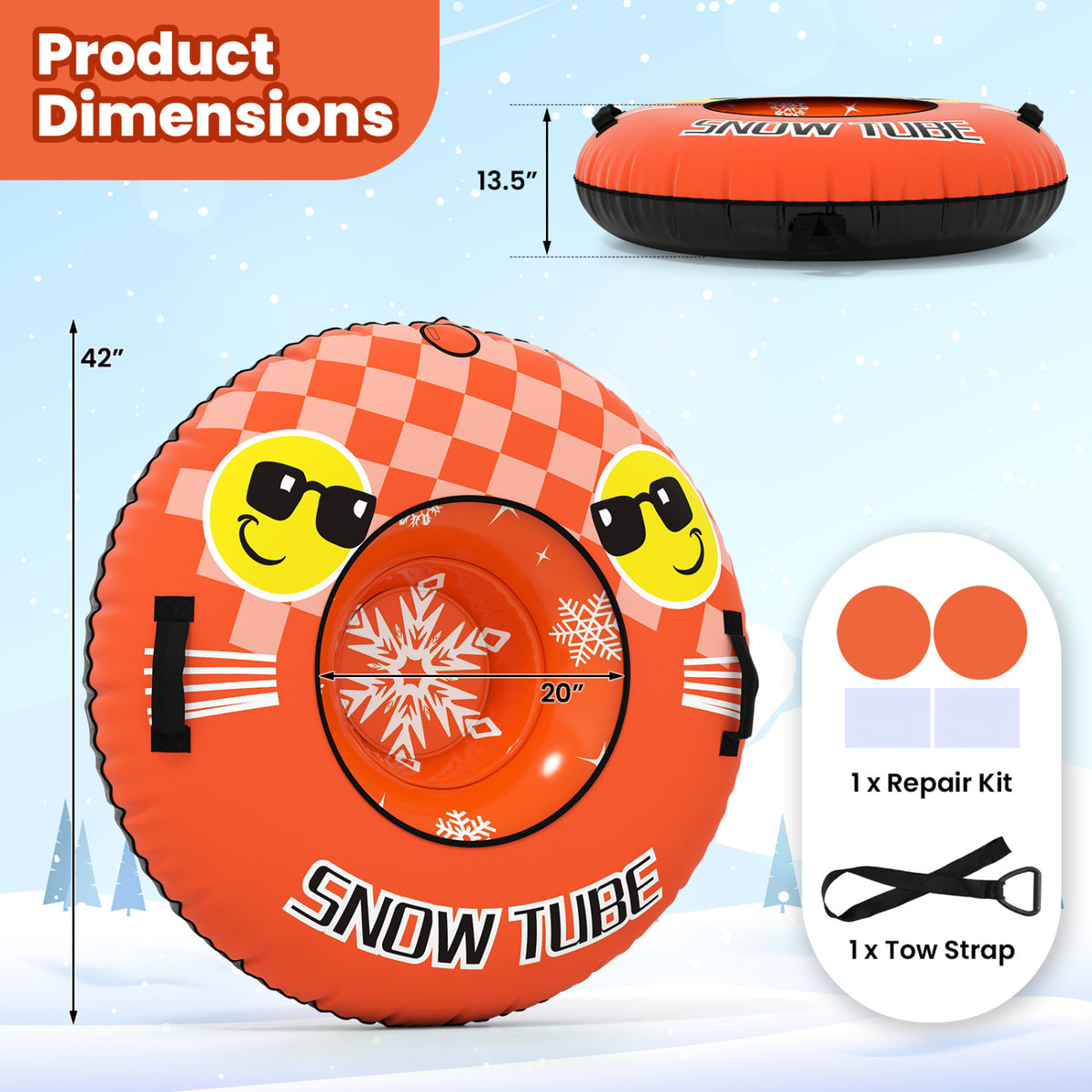 42-Inch Heavy-Duty Inflatable Snow Tube with Detachable Tow Strap - Orange