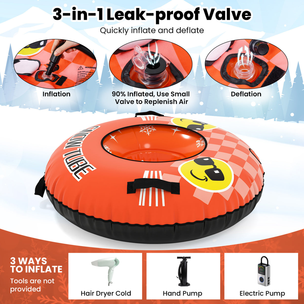 42-Inch Heavy-Duty Inflatable Snow Tube with Detachable Tow Strap - Orange