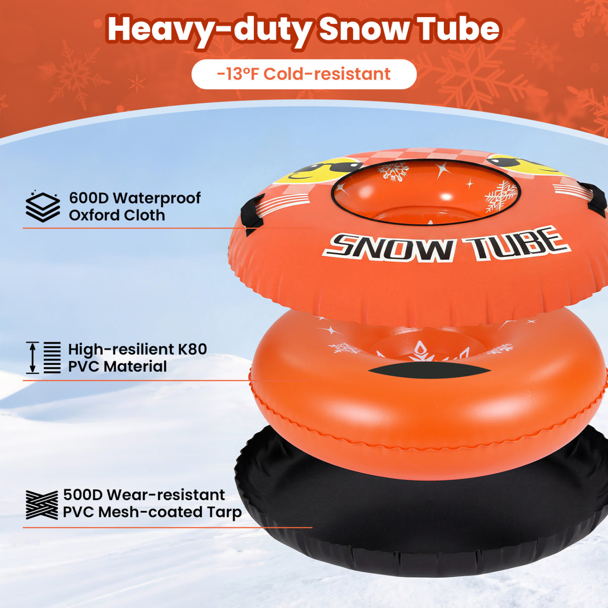 42-Inch Heavy-Duty Inflatable Snow Tube with Detachable Tow Strap - Orange