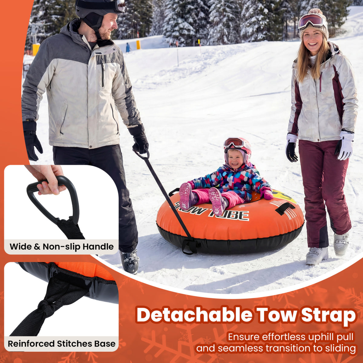 42-Inch Heavy-Duty Inflatable Snow Tube with Detachable Tow Strap - Orange
