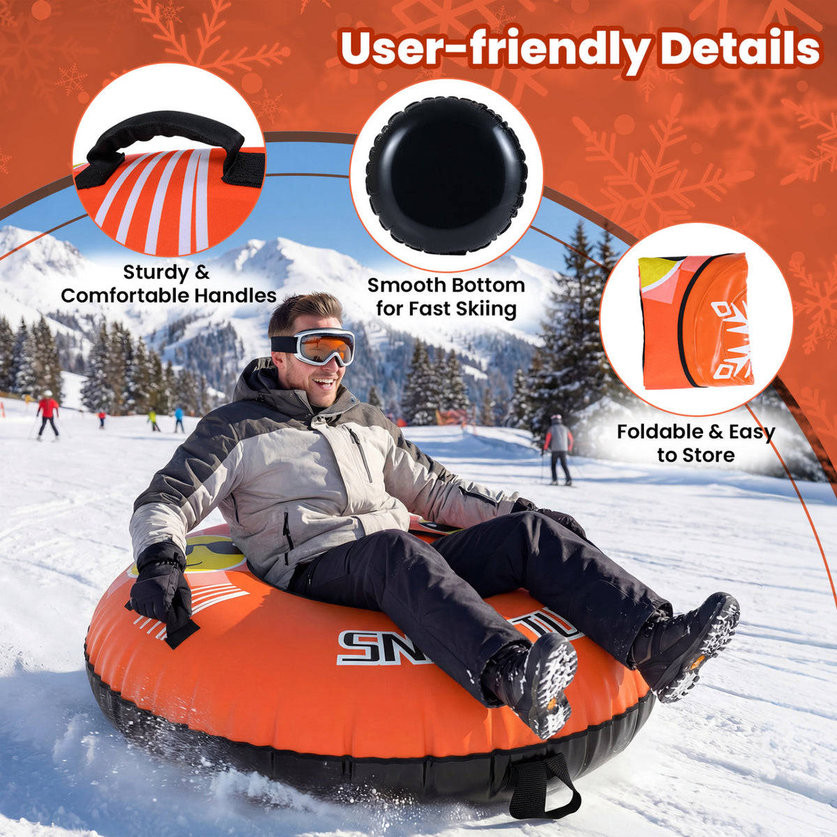 42-Inch Heavy-Duty Inflatable Snow Tube with Detachable Tow Strap - Orange
