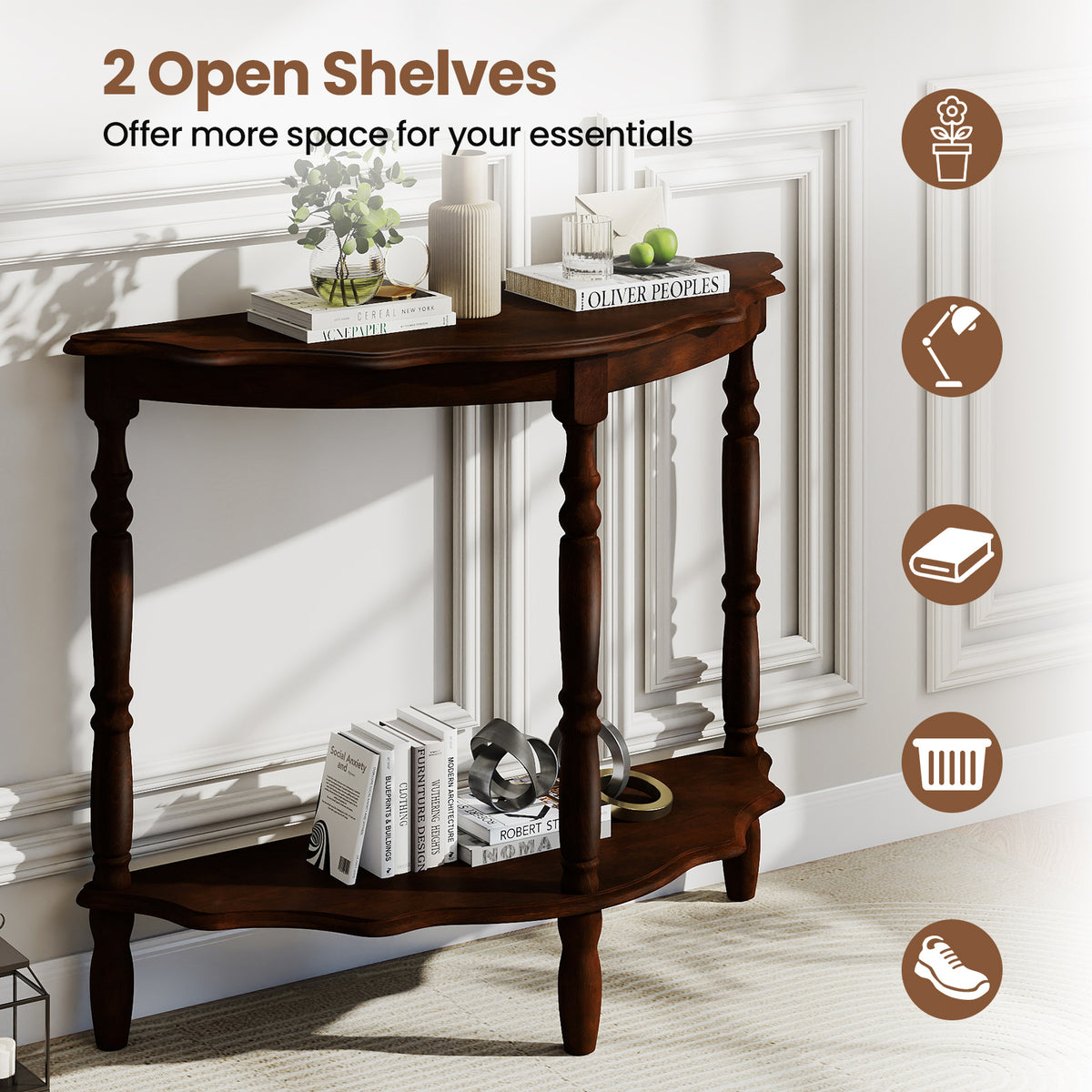 42 Inch Half Moon Console Table with Shelves - Espresso