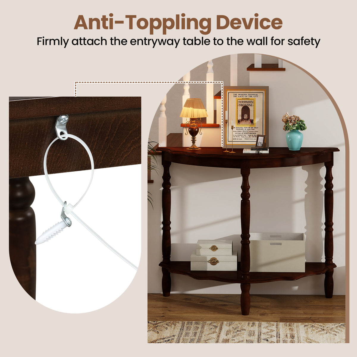 42 Inch Half Moon Console Table with Shelves - Espresso