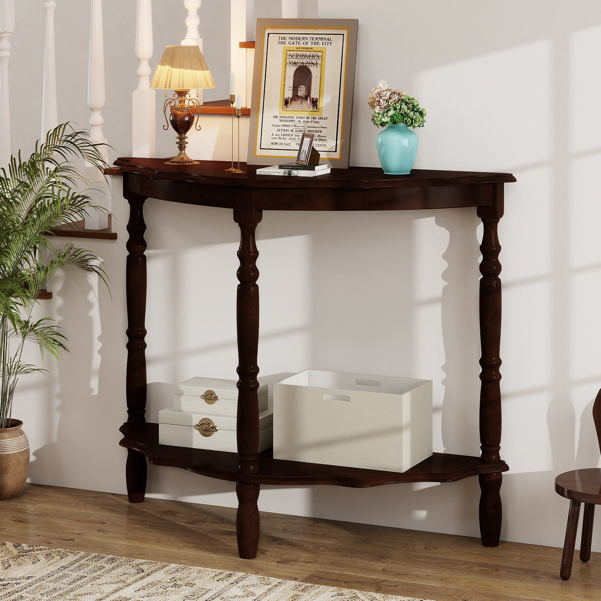 42 Inch Half Moon Console Table with Shelves - Espresso