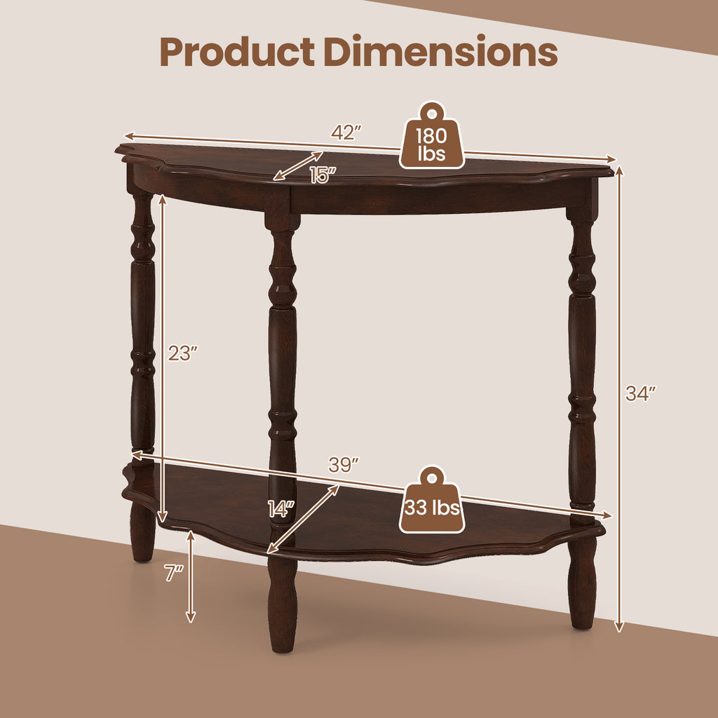 42 Inch Half Moon Console Table with Shelves - Espresso