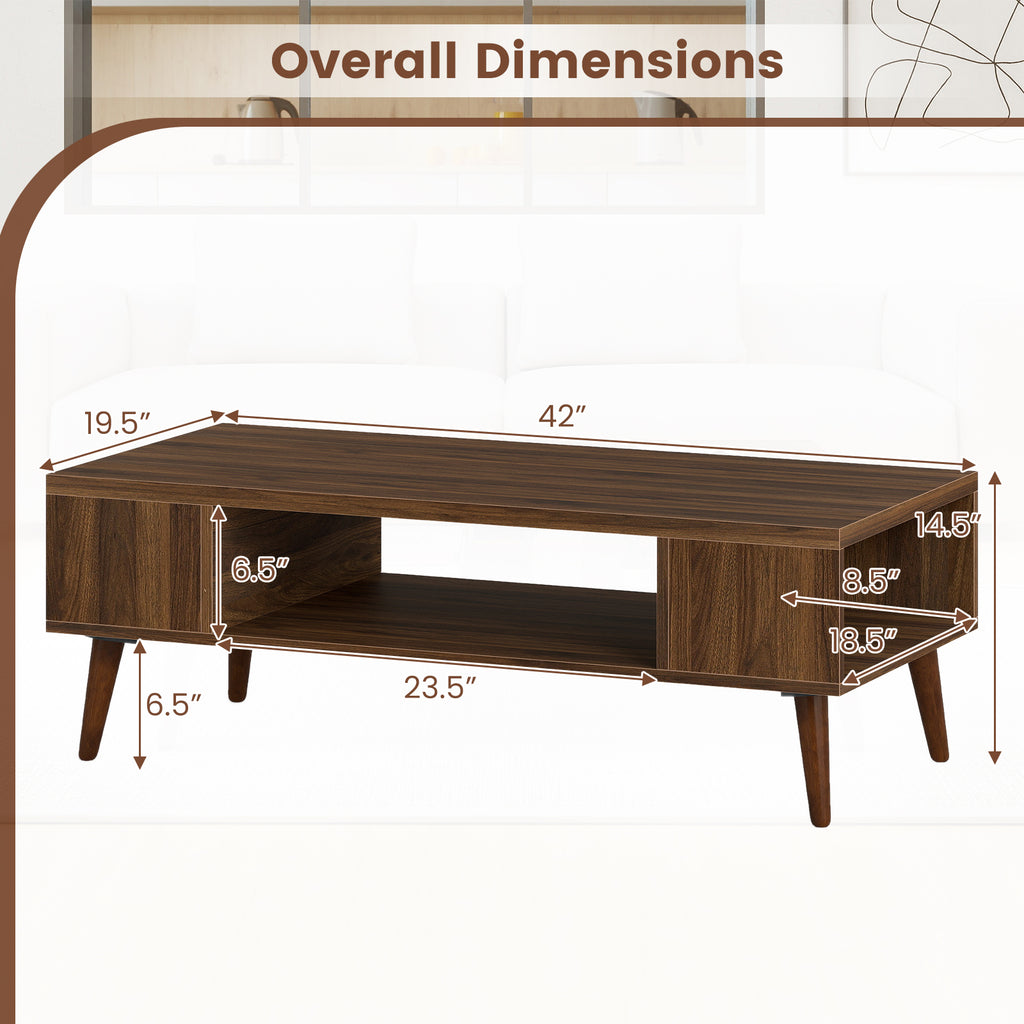 42 Inch Mid Century Modern Coffee Table with Storage - Walnut