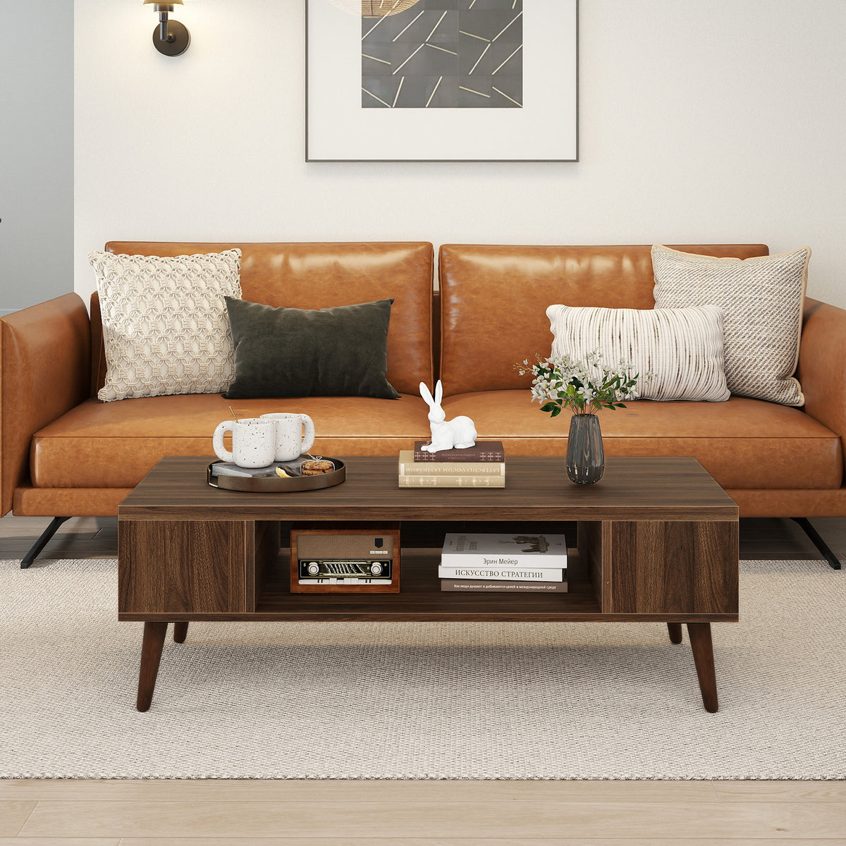 42 Inch Mid Century Modern Coffee Table with Storage - Walnut