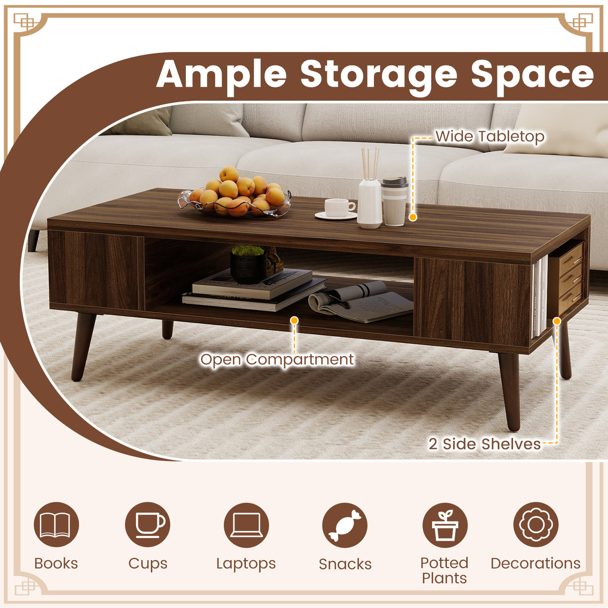 42 Inch Mid Century Modern Coffee Table with Storage - Walnut