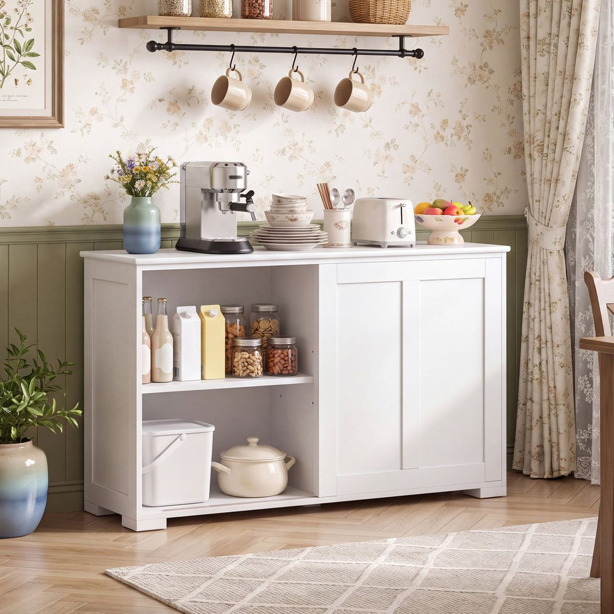42-Inch Farmhouse Sideboard with Sliding Doors, Gray MDF